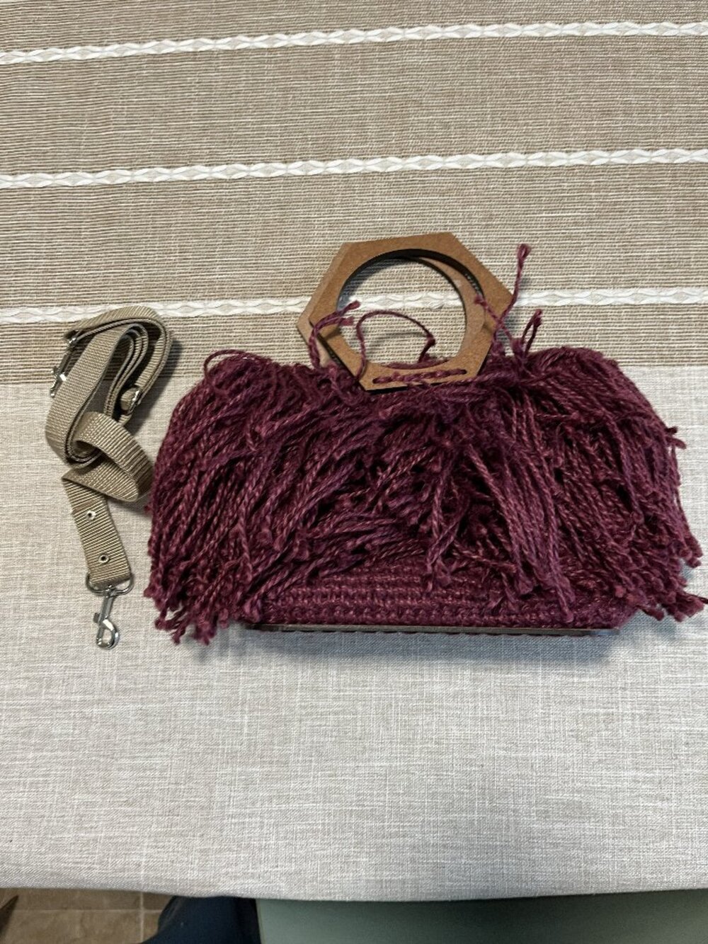 Handmade Burgundy Fringe Handbag w/ Wooden Handles
